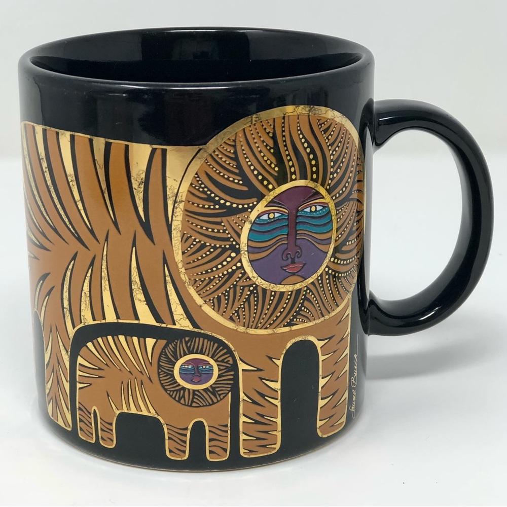 Laurel Burch Gold Lions Lion Cub Black Coffee Mug Cup Vtg Global Spirit Retired